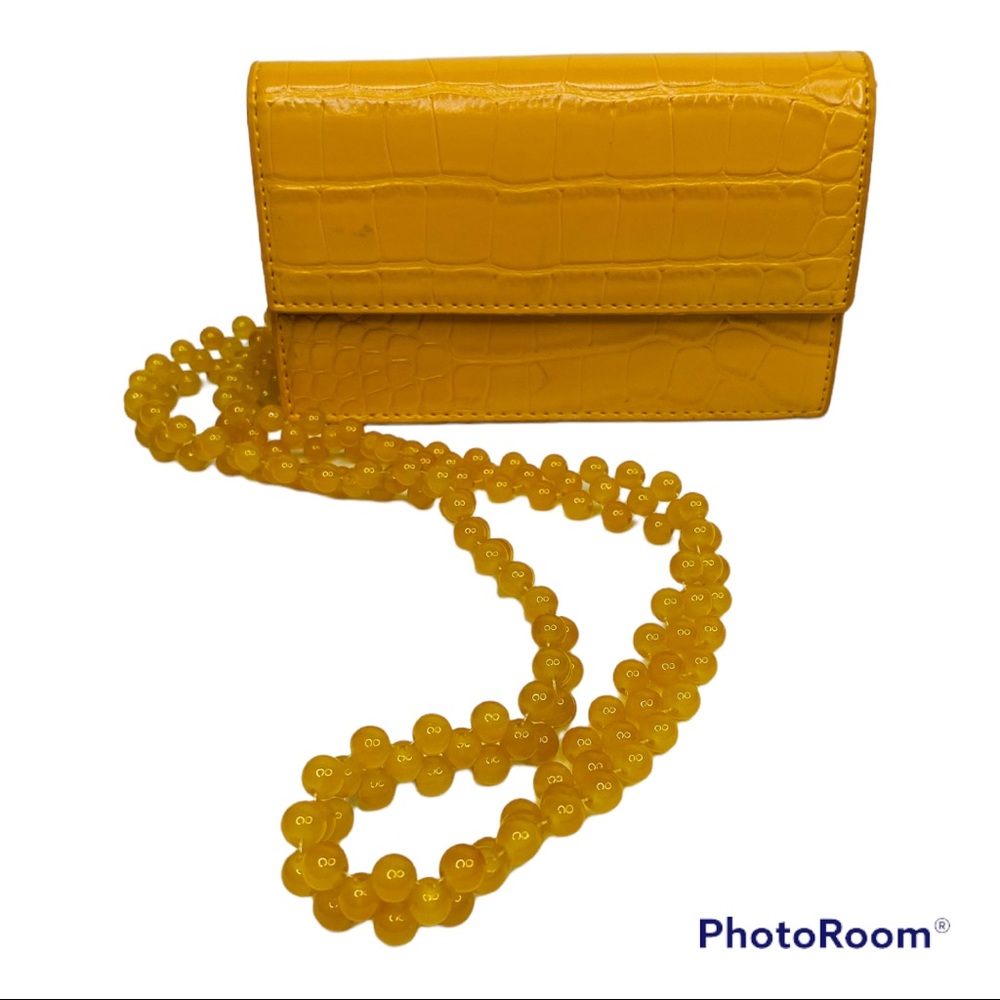 SHINE-Tae Yellow Vegan Crocodile Embossed Pattern Beaded Chain Crossbo…
